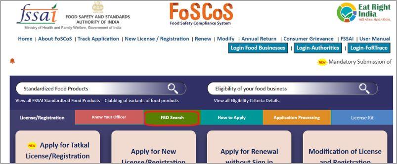 dashboard of foscos fssai website